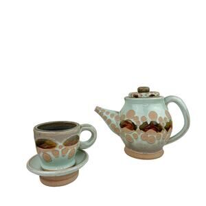OOAK Blue Beige Ceramic Hand Thrown Pottery Tea Plate Cup Teapot Tea Set 3-Piece